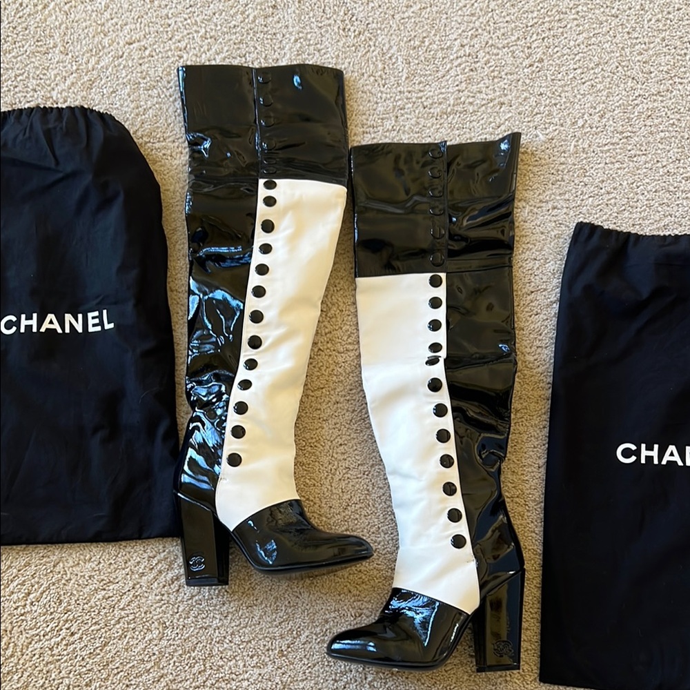 CHANEL Black and White Over the Knee Boots with Lace-Up Design